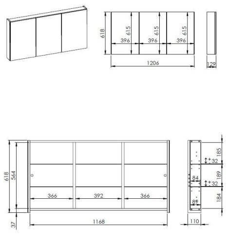 Felső szekrény, AREZZO design Tükrös szekrény BASIC 120,3 ajtó