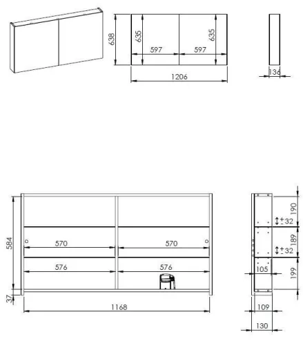 Felső szekrény, AREZZO design Tükrös szekrény MEDIUM 120,2 ajtó + TECHNOBOX