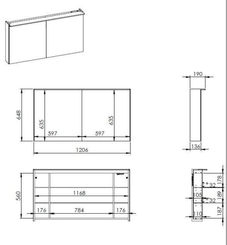 Felső szekrény, AREZZO design Tükrös szekrény PREMIUM 120,2 ajtó + TECHNOBOX+LED LÁMPA PANEL