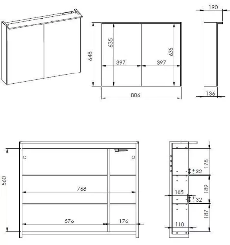 Felső szekrény, AREZZO design Tükrös szekrény PREMIUM 80,2 ajtó + TECHNOBOX+ LED LÁMPA PANEL