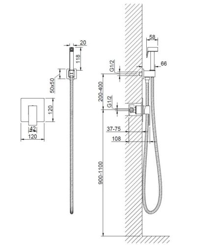 Bidé csaptelep, AREZZO design CUBEFIELD falsík alatti bidé csaptelep kézizuhannyal,króm AR-4407CR