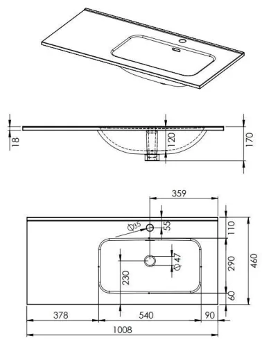 Mosdó, AREZZO design SKAPPA 100 cm-es mosdó (60+40) jobbos