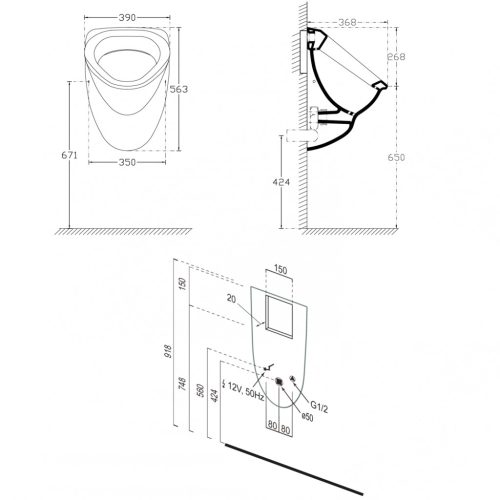 Vizelde, Aqualine AQUALINE Piszoár, hátsó vízbekötéssel, szifonnal, szenzorral 58x39cm 10SZ92001-