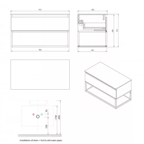 Alsó szekrény, Sapho SKARA CG006-1919 fali mosdótartó szekrény, 90x50x45cm