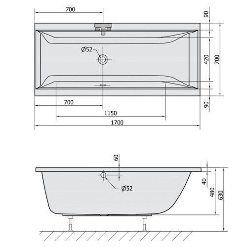 Kád, Sapho POLYSAN CLEO 74611.21 kád, 170x70x48cm, matt fekete