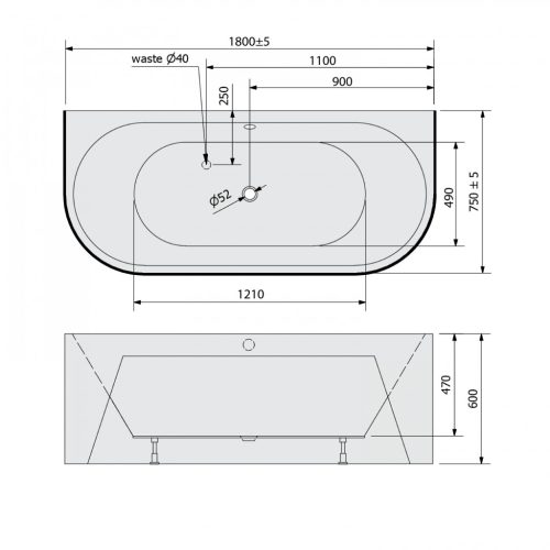 Kád, Sapho POLYSAN VIVA D MONOLITH  89139M asszimetrikus kád, 180x75x60cm