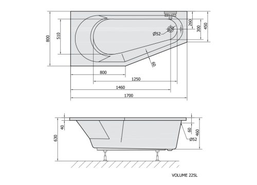 Kád, Sapho POLYSAN TIGRA 90111.21 aszimmetrikus kád, balos, 170x80x46cm, matt fekete