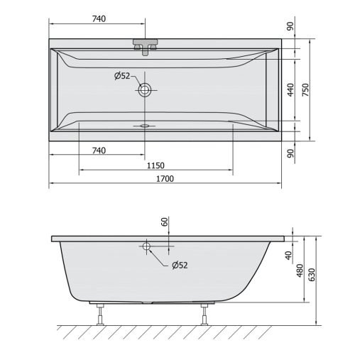 Kád, Sapho POLYSAN CLEO 94611.21 kád, 170x75x48cm, matt fekete