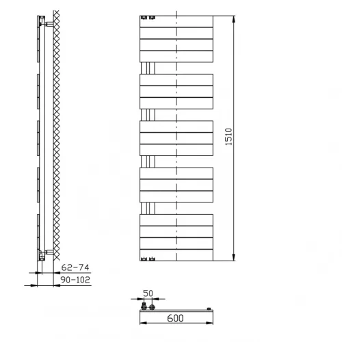 Egyenes radiátor, Aqualine MILI DC646T fürdőszobai radiátor, 600x1510mm, matt fekete