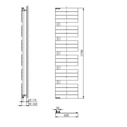 Egyenes radiátor, Aqualine MILI DC656T fürdőszobai radiátor, 600x1798mm, matt fekete