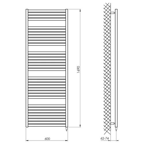 Egyenes radiátor, Aqualine TONDI-E elektromos fürdőszobai radiátor DE490T, 600x1690mm, fehér