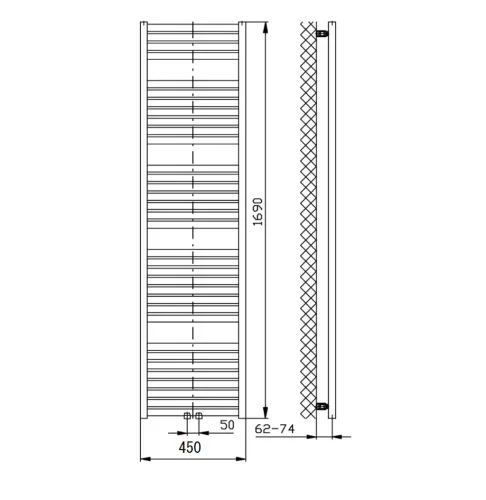 Egyenes radiátor, Aqualine TONDI DT446T fürdőszobai radiátor,  450x1690mm, matt fekete