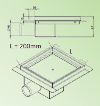 Padlóösszefolyó, Roltechnik RRF-S rozsdamentes, szögletes, burkolható zuhanyfolyóka 20x20