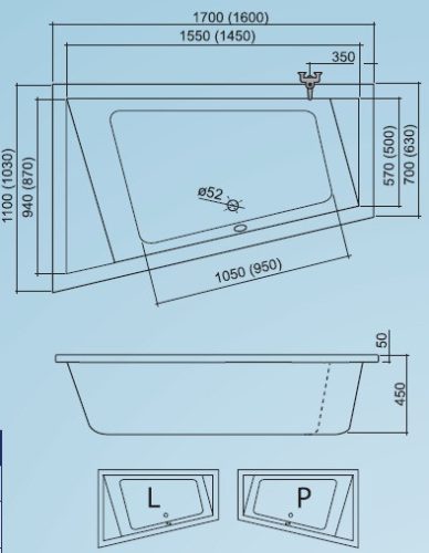 Kád, Roltechnik Kubic Asymmetric 170 (L)