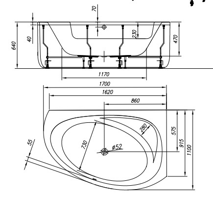 Kád, Kolpa San 565240 Libretto 170x110 beépíthető asszimmetrikus sarok kádtest, balos