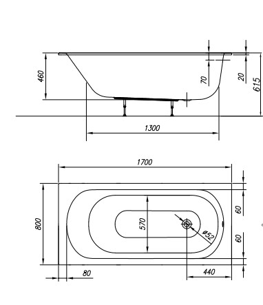 Kád, Kolpa San 705320 Betty E2 Slim 170x80 beépíthető fürdőkád