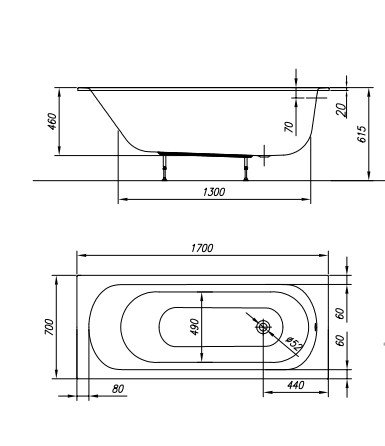 Kád, Kolpa San 705350 Betty E2 Slim 170x70 beépíthető fürdőkád