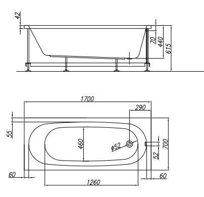 Kád, Kolpa San 992230 Tamia 170x70 beépíthető fürdőkád test
