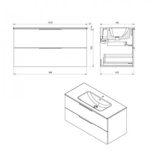 Alsó szekrény, Sapho CR100-2322 Cirasa mosdótartó szekrény,99,8x52x46 cm, Strip/Alabama tölgy