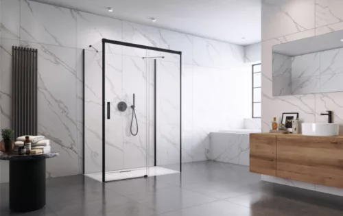 Zuhanykabin, Radaway Idea Black KDJ+S szögletes fekete zuhanykabin 140x120 átlátszó balos