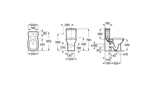 Öblítőtartály, Roca A341991000 Debba WC-tartály tetővel és kétgombos mechanizmussal, alső bekötés