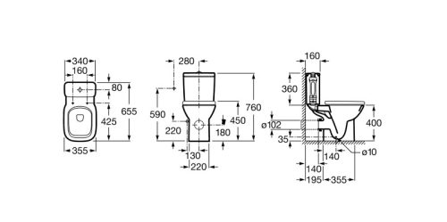 Öblítőtartály, Roca A341990000 Debba WC-tartály tetővel és kétgombos mechanizmussal, oldalsó bekö