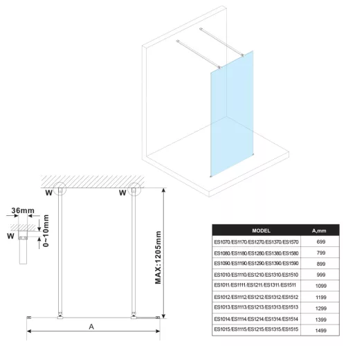 Zuhanyfal, Sapho Esca ES1270 Walk-in zuhanyfal, füst üveg, 70x210 cm