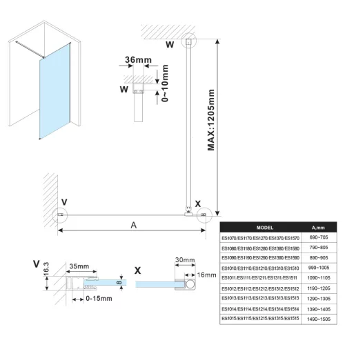 Zuhanyfal, Sapho Esca ES1380 Walk-in zuhanyfal, flutes üveg, 80x210 cm