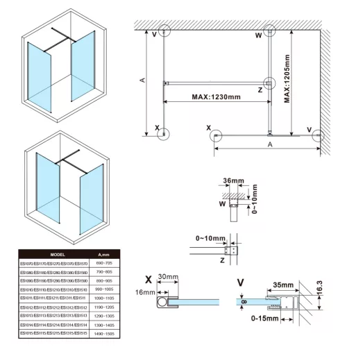 Zuhanyfal, Sapho Esca ES1380 Walk-in zuhanyfal, flutes üveg, 80x210 cm