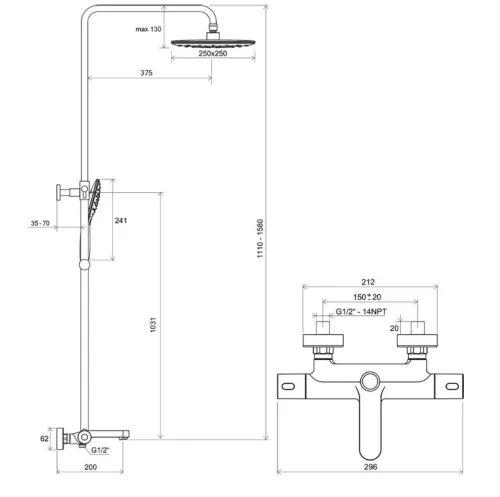 Zuhanyszett, Ravak TE 092.20BL Termosztátos zuhanyoszlop kádhoz, szettel, fekete X070444