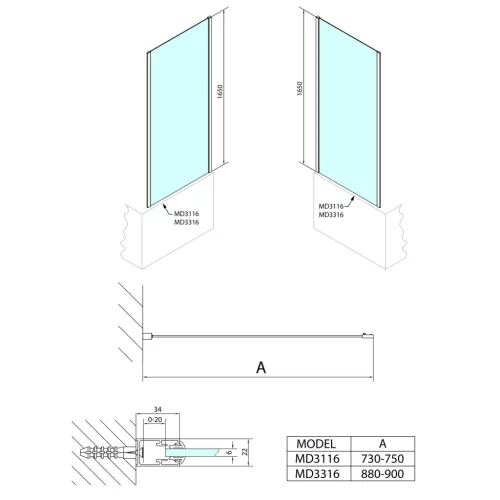 Fix fal, Sapho Polysan DEEP oldalfal, 165x75 cm MD3116
