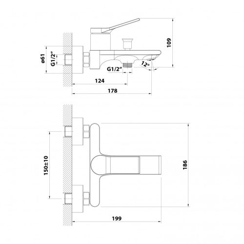 Kádtöltő csaptelep, Aqualine Bolero fali kádtöltő csaptelep zuhanyváltóval BC010