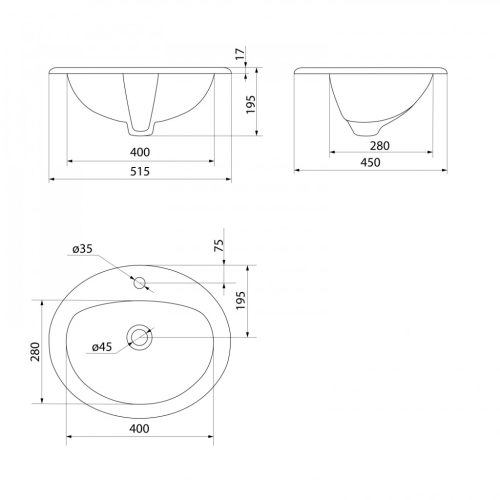 Mosdó, Aqualine pultba süllyeszthető kerámiamosdó, 52x45cm 55227