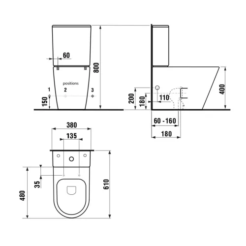 WC, Sapho Paco RIMLESS monoblokkos WC, ülőke nélkül, fekete PC1012WRB