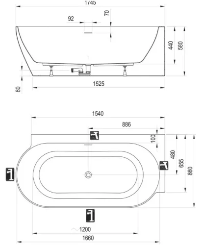Kád,Ravak Vana Freedom Corner II Tec 175x86 jobb,fehér, króm túlfolyóval CC81000000
