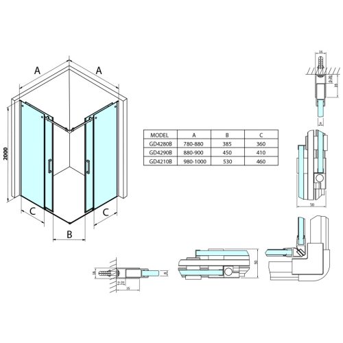 Zuhanyajtó, Sapho Gelco Dragon tolóajtó matt fekete/transzparent 100 cm GD4210B