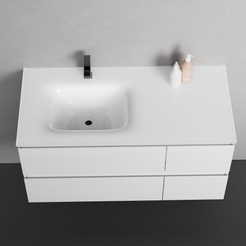 Alsó szekrény, Sanotechnik Cube 100 függesztett bútorszett, üvegmosdóval, fehér 08334