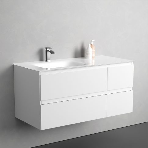 Alsó szekrény, Sanotechnik Cube 100 függesztett bútorszett, üvegmosdóval, fehér 08334