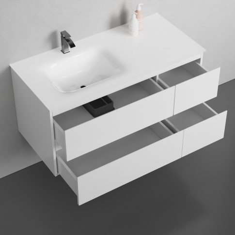 Alsó szekrény, Sanotechnik Cube 100 függesztett bútorszett, üvegmosdóval, fehér 08334