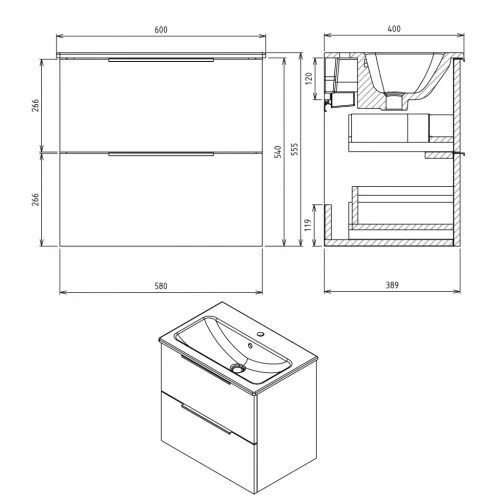 Alsó szekrény, Sapho Cirasa mosdótartó szekrény 2 fiókkal, 58x54x39 cm siena strip CR592-4242S