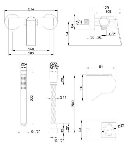 Zuhany csaptelep, Invena Neri Plus zuhanyszettel, réz BN-P1-014-L