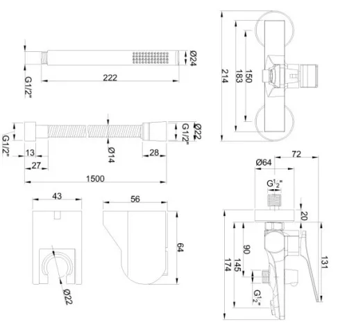 Kádtöltő csaptelep, Invena Neri Plus zuhanyszettel, réz BW-P1-014-L