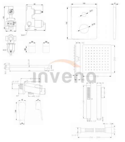 Falba süllyesztett csaptelep, Invena Dokos falsík alatti zuhanyrendszer szett, króm BS-19-CK2-A