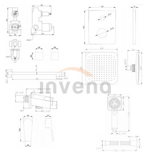 Falba süllyesztett csaptelep, Invena Dokos falsík alatti zuhanyrendszer szett, króm BS-19-GK2-A