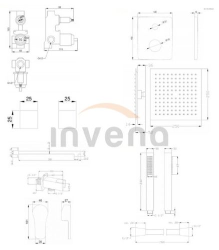 Falba süllyesztett csaptelep,Invena Verso Square zuhanyrendszer szett, króm BS-82-0K2-A