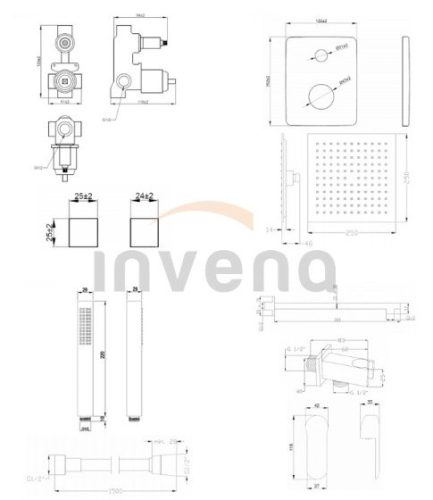 Falba süllyesztett csaptelep, Invena Siros Square zuhanyrendszer szett, fekete BS-90-010-A