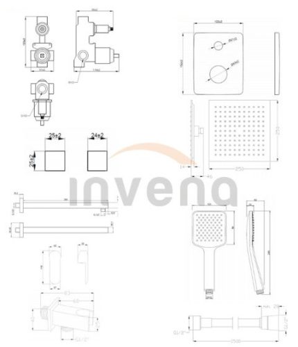 Falba süllyesztett csaptelep, Invena Siros Square zuhanyrendszer szett, fekete BS-90-011-A