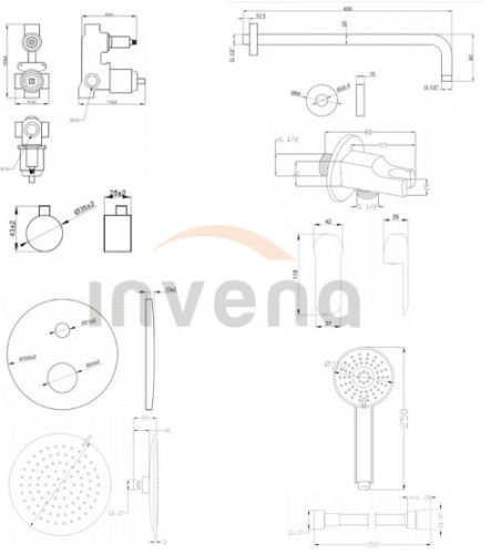 Falba süllyesztett csaptelep, Invena Siros falsík alatti zuhanyrendszer szett, fekete BS-90-013-A