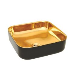   Mosdó, Invena Malaga mosdókagyló, szögletes, fényes, fekete-arany 39 cm CE-39-027-C