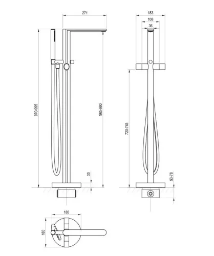 Kádtöltő csaptelep, Ravak Chrome II padlón álló csaptelep zuhanyszettel, fekete X070468